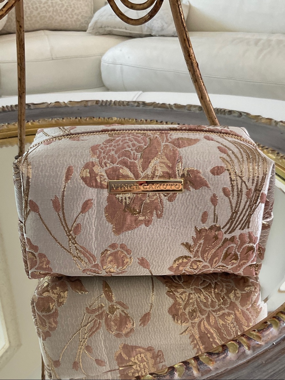 Vince Camuto Blush Pink and Gold Floral Jacquard Cosmetic Pouch